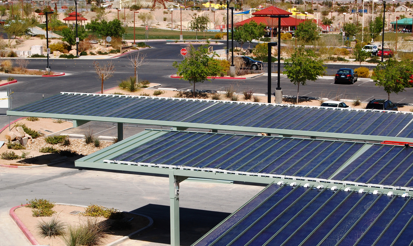 The city of Las Vegas is building solar shade parking structures, like this one at Centennial Hills Community Center, at three facilities with the help of $1,244,000 in loans from the Governor’s Office of Energy.