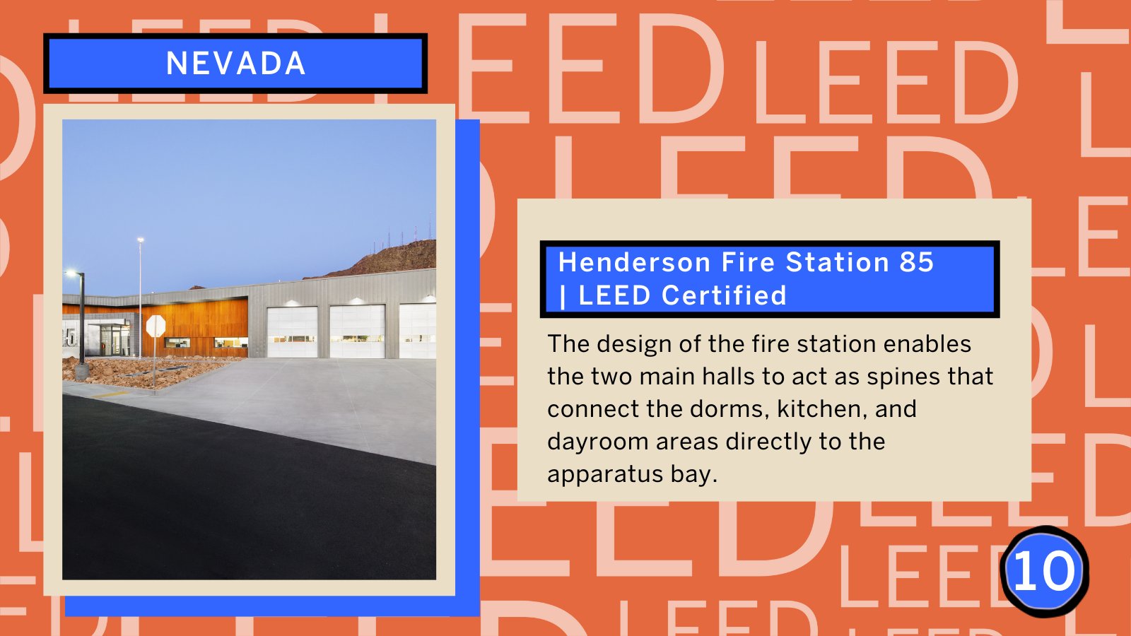 Nevada graphic showing the state as 10 in top ten green building states, highlighting the LEED certified Henderson fire station.